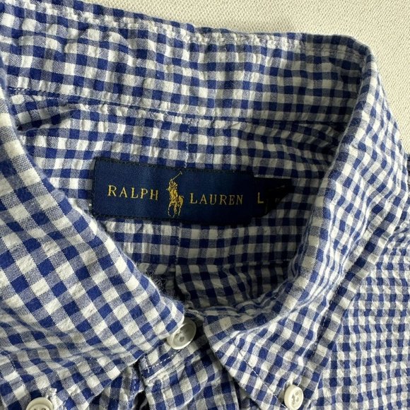Polo Ralph Lauren Shirt Short Sleeve Seersucker Blue Plaid Button Down Mens L - Picture 6 of 9